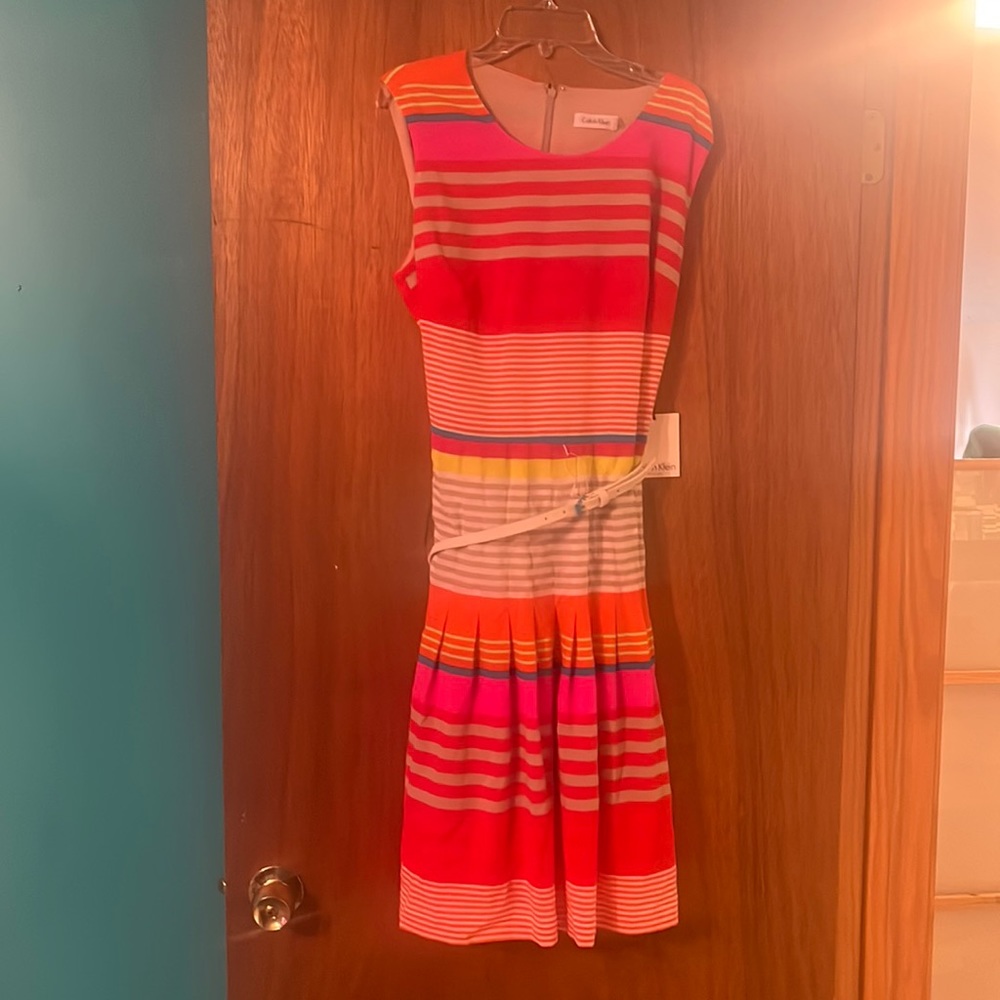 Calvin Klein Multicolor Striped Sleeveless Belted Dress